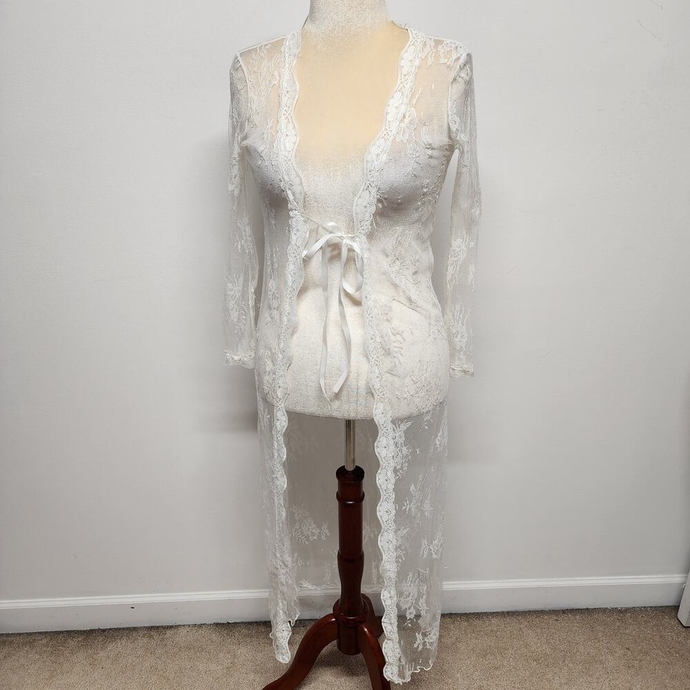 Boho Floral Lace Kimono Duster Cardigan Coverup Small Ivory Long Sleeve Cottage